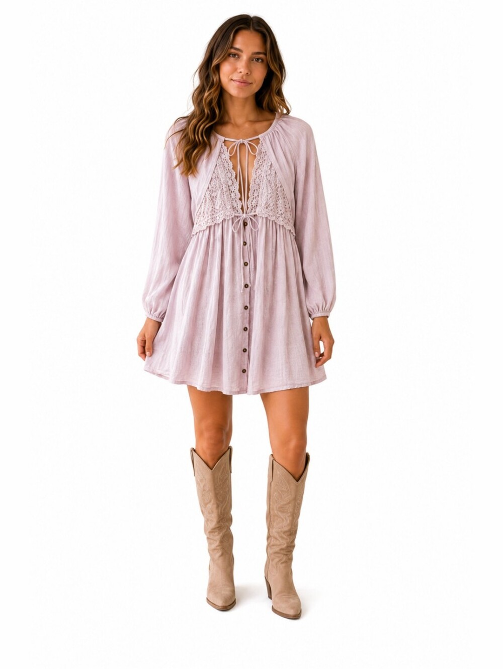 Free People soft boho lavender mini dress with lace-trim bodice. Size SP - Picture 6 of 9